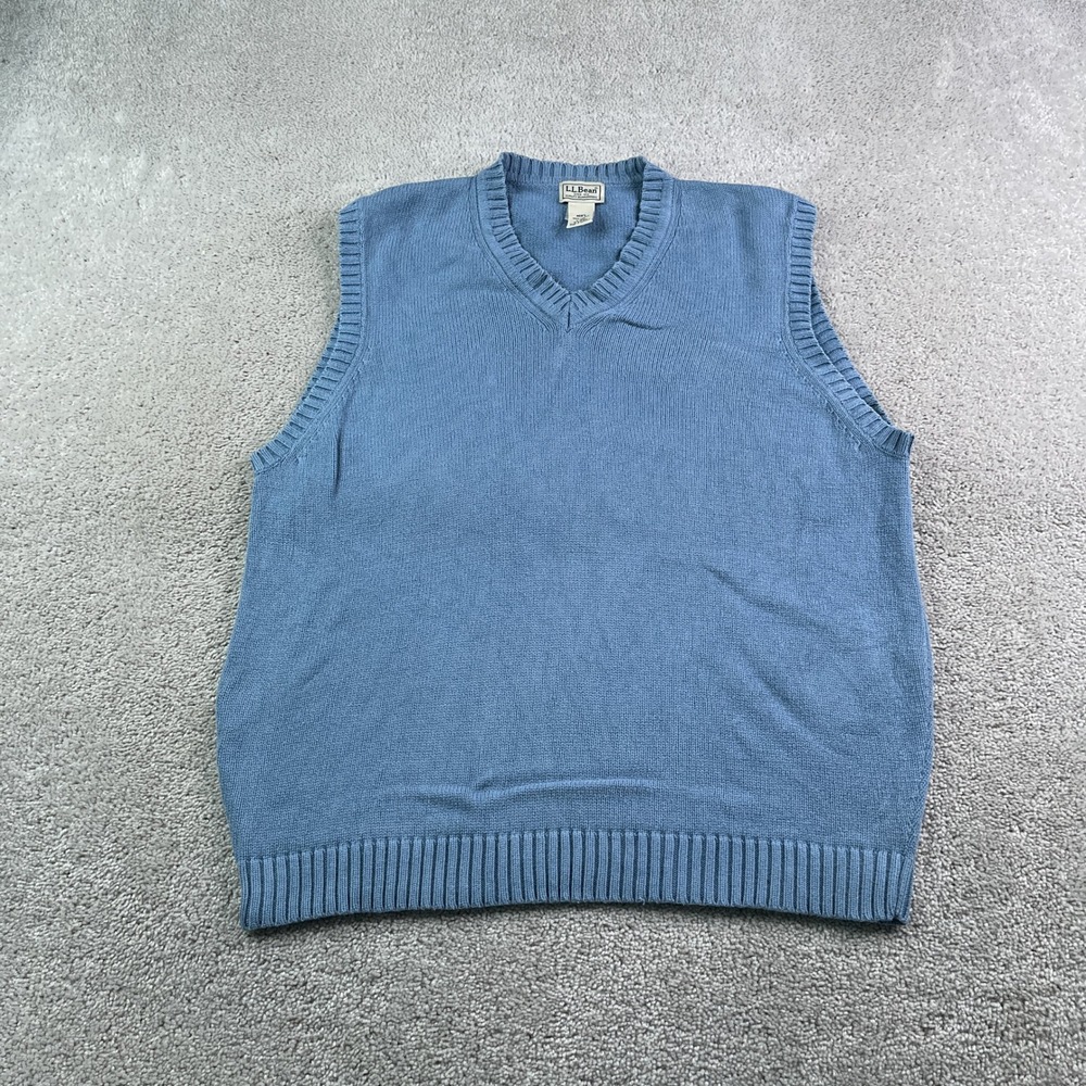 LL Bean Sweater Vest Men Large Blue V Neck Cotton Knit Preppy Classic Academia